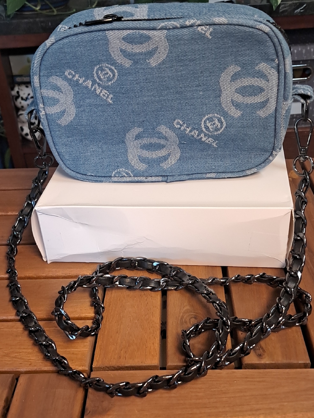 Denim Logo Crossbody Bag in Light Blue Small